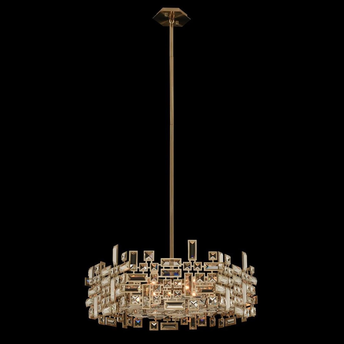 Kalco Vermeer 24 Inch Art Deco Pendant Brushed Champagne Gold Firenze Crystal: Kalco Vermeer 24 Inch Art Deco Pendant Brushed Champagne Gold Firenze Crystal Illuminate your space with the Luxurious Vermeer Pendant, a stunning piece that combines elegance and functionality. This 