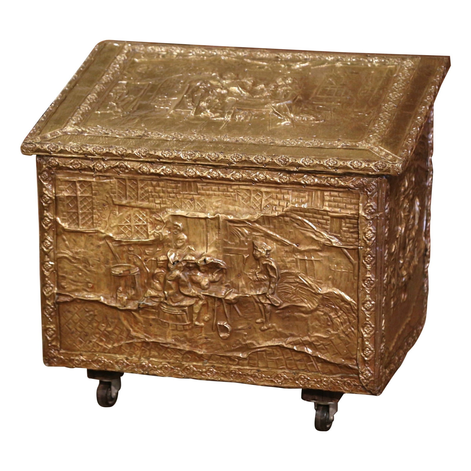 French Napoleon III Brass Firewood Chest on Casters: French Napoleon III Brass Firewood Chest on Casters This early 20th century French firewood box, crafted around 1920, features a wooden structure clad in hand-crafted, patinated repousse brass panels.