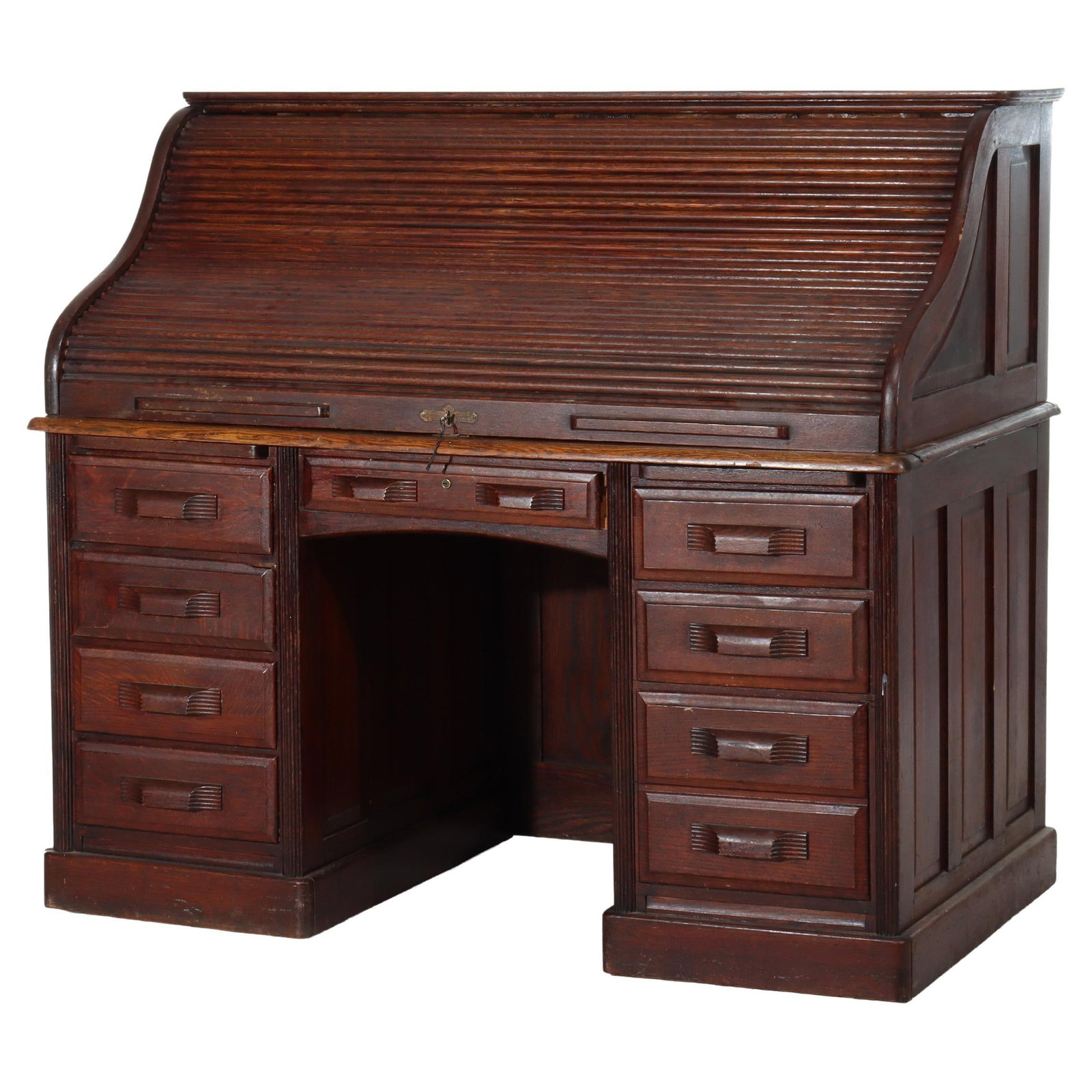 Quarter Sawn Oak Arts and Crafts Roll Top Desk Circa 1910: Quarter Sawn Oak Arts and Crafts Roll Top Desk Circa 1910 This antique Arts & Crafts roll top desk, crafted circa 1910, is made from distinctive quarter sawn oak. Showcasing robust construction and th