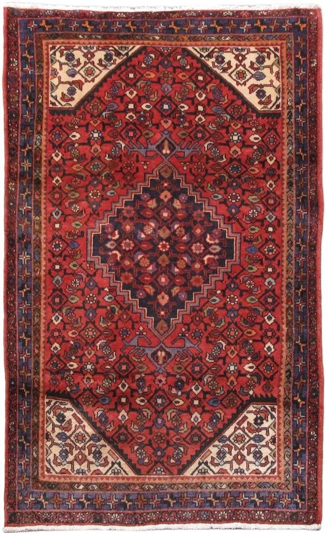 4' x 6' 8" Handcrafted Red Persian Hamadan Area Rug: 4' x 6' 8" Handcrafted Red Persian Hamadan Area Rug Free continental US Shipping Discover the exquisite 4 x 6.8 Red Persian Hamadan Rug, a stunning blend of traditional craftsmanship and modern elegan