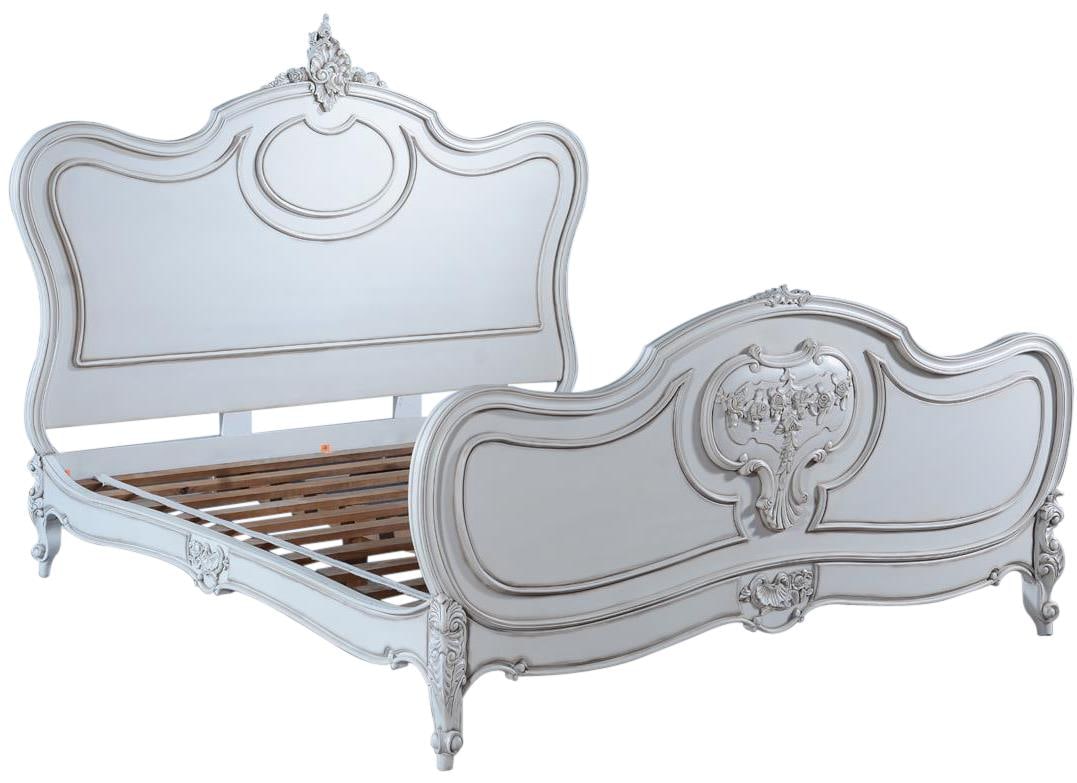 Louis XV Hand-Carved Solid Wood Queen Bed in Old Lace White: Louis XV Hand-Carved Solid Wood Queen Bed in Old Lace White Discover the charm of the Elegant Louis XV Hand-Carved Wooden Queen Bed, a stunning piece that combines antique elegance with modern craftsm