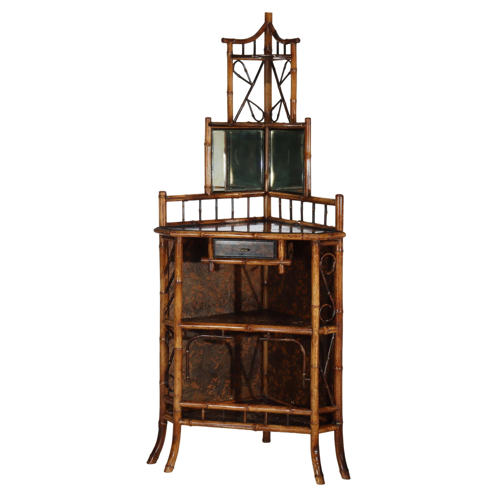 Late 19th Century Bamboo Corner Etagere With Leather Floral Details and Mirror: Late 19th Century Bamboo Corner Etagere With Leather Floral Details and Mirror This antique Asian bamboo corner etagere dates to circa 1890 and features floral leather tooling, stylized foliate elemen