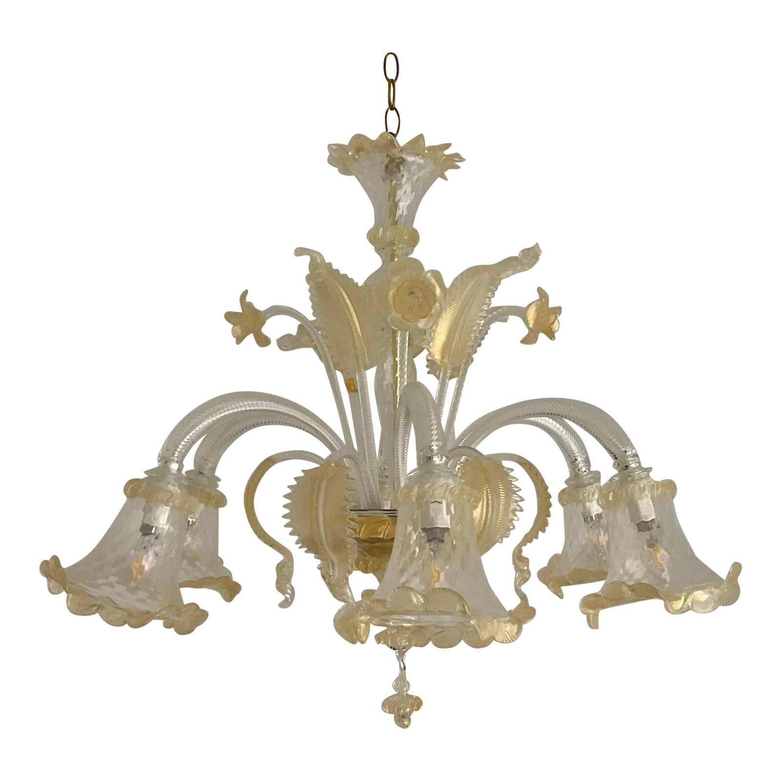Vintage Murano Inspired Floral Glass Chandelier Light Yellow Art Glass: Vintage Murano Inspired Floral Glass Chandelier Light Yellow Art Glass This vintage Italian glass floral chandelier, inspired by Murano, features exquisite craftsmanship and a timeless design. Its int