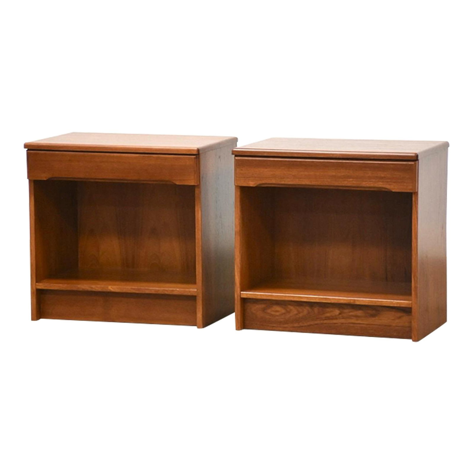 1970s Danish Teak Nightstands Pair with Drawer: 1970s Danish Teak Nightstands Pair with Drawer This elegant pair of Danish modern nightstands from the 1970s features a sleek design crafted from rich teak wood. Each nightstand is equipped with a sin