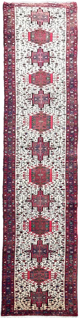 Antique Heriz Karaje Wool Runner 3x16 Ivory Geometric 1930: Antique Heriz Karaje Wool Runner 3x16 Ivory Geometric 1930 This is an antique Persian Heriz Karaje runner rug from circa 1930, hand-knotted from 100% wool. Featuring a geometric pattern in ivory with 