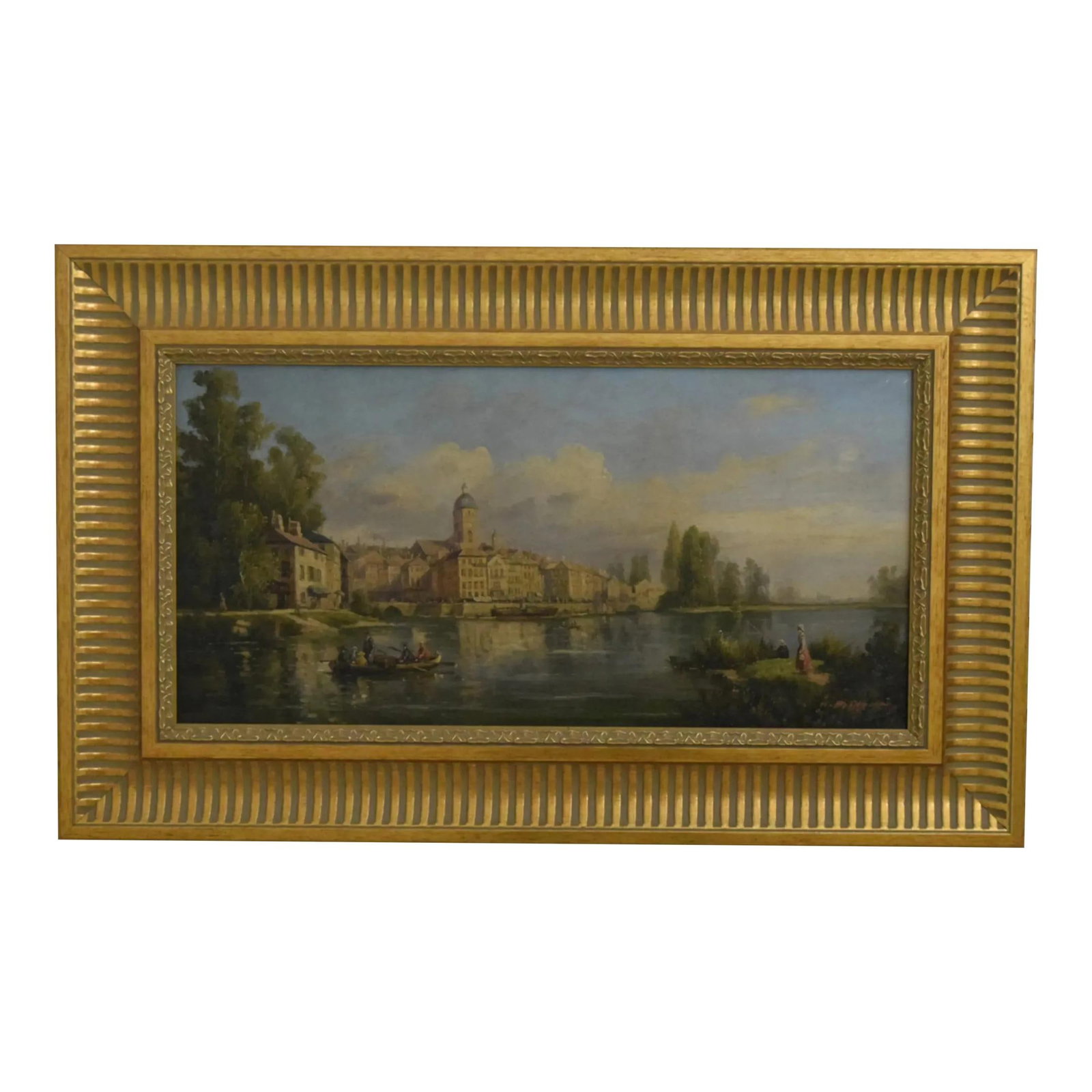 Brigman Signed Oil Painting European River Scene Gold Gilt Frame: Brigman Signed Oil Painting European River Scene Gold Gilt Frame This exquisite oil painting on canvas features a European river scene, showcasing the artist's attention to detail and high-quality cra