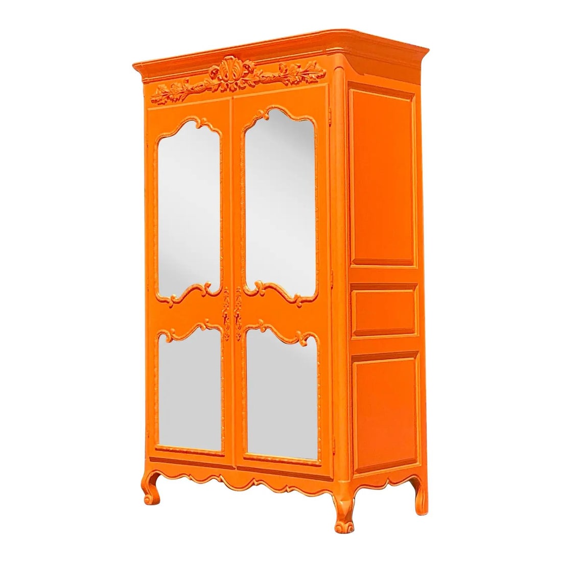 Vintage Regency Orange Lacquered Armoire with Mirrored Doors: Vintage Regency Orange Lacquered Armoire with Mirrored Doors Elevate your living space with this stunning Vintage Regency Lacquered Armoire. Finished in a vibrant orange lacquer, this armoire showcase