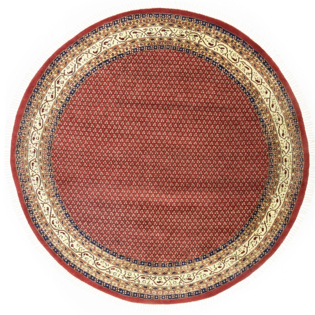 Round Wool Area Rug 9'7 x 9'8 Indian Tribal Floral Hand-Knotted Carpet: Round Wool Area Rug 9'7 x 9'8 Indian Tribal Floral Hand-Knotted Carpet This handmade round tribal Indo Botemir rug features an allover floral pattern in red, cream, brown, rusty pink, green, and purpl