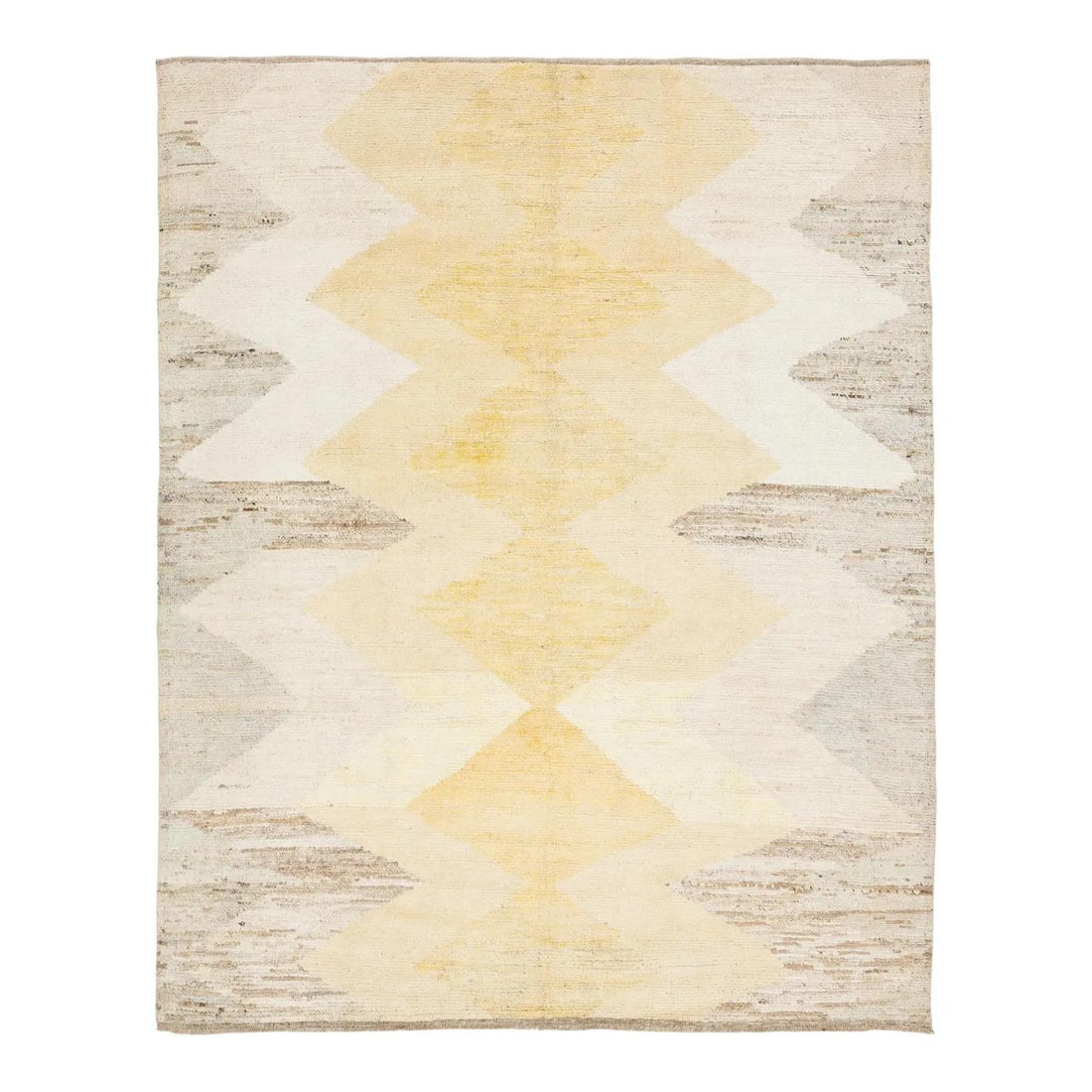 8'4 x 10'4 Handwoven Wool Rug With Geometric Diamond and Zigzag Patterns: 8'4 x 10'4 Handwoven Wool Rug With Geometric Diamond and Zigzag Patterns This handwoven wool rug features a modern Moroccan-inspired design with a central diamond lattice and zigzag borders in soft to