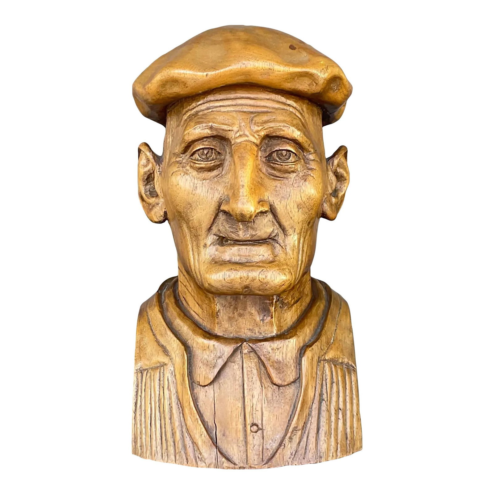 Vintage Boho Hand Carved Wooden Bust of Man in Camel Color: Vintage Boho Hand Carved Wooden Bust of Man in Camel Color Enhance your decor with this Vintage Boho Hand Carved Bust of a Man, featuring exquisite craftsmanship and a unique bohemian style. This capt
