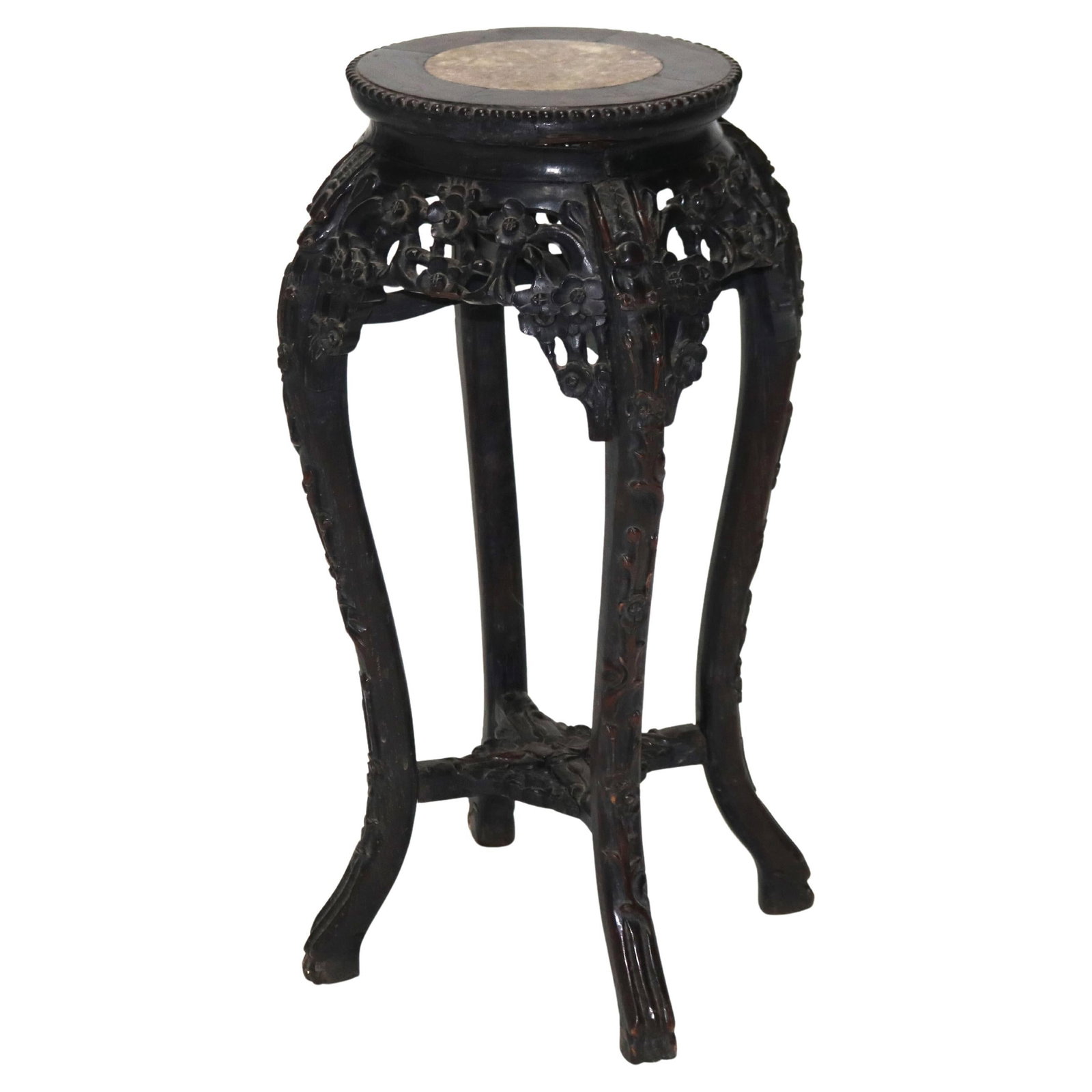 Antique Chinese C1920 Carved Hardwood Stand with Marble Top: Antique Chinese C1920 Carved Hardwood Stand with Marble Top This exquisite antique Chinese stand, crafted circa 1920, showcases intricate foliate carvings on a rich hardwood frame. The elegant design 