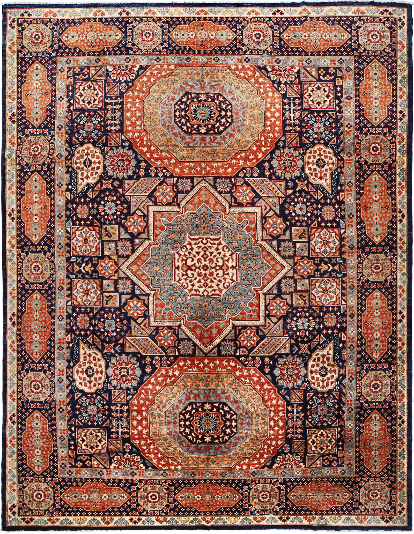 9.10 x 12.10 Super Kazak Handmade Area Rug in Navy Blue: 9.10 x 12.10 Super Kazak Handmade Area Rug in Navy Blue Free continental US Shipping Introducing the exquisite 9.10 x 12.10 Super Kazak Area Rug, a stunning example of artisan craftsmanship and timele