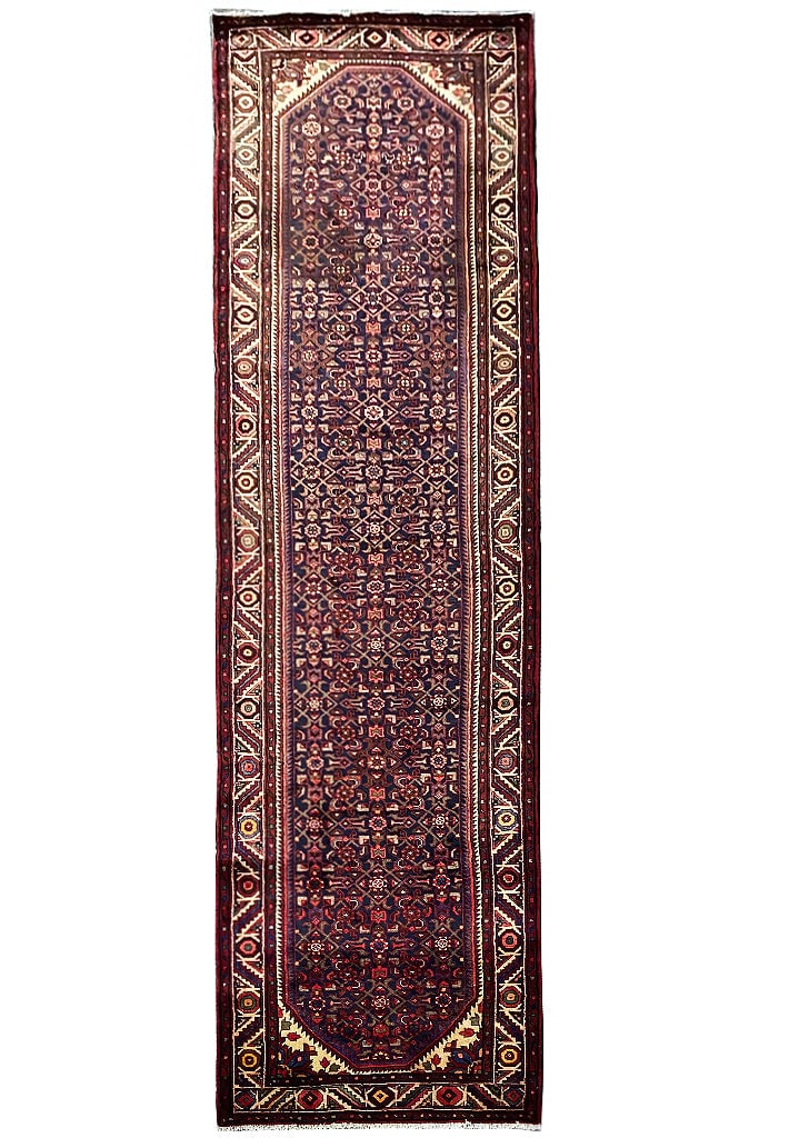 Persian Hamadan Runner Rug 3'10 x 13'10 Burgundy Black Handwoven Wool: Persian Hamadan Runner Rug 3'10 x 13'10 Burgundy Black Handwoven Wool Free continental US Shipping Elevate your living space with this exquisite handcrafted Persian Hamadan runner rug, measuring 3' 10