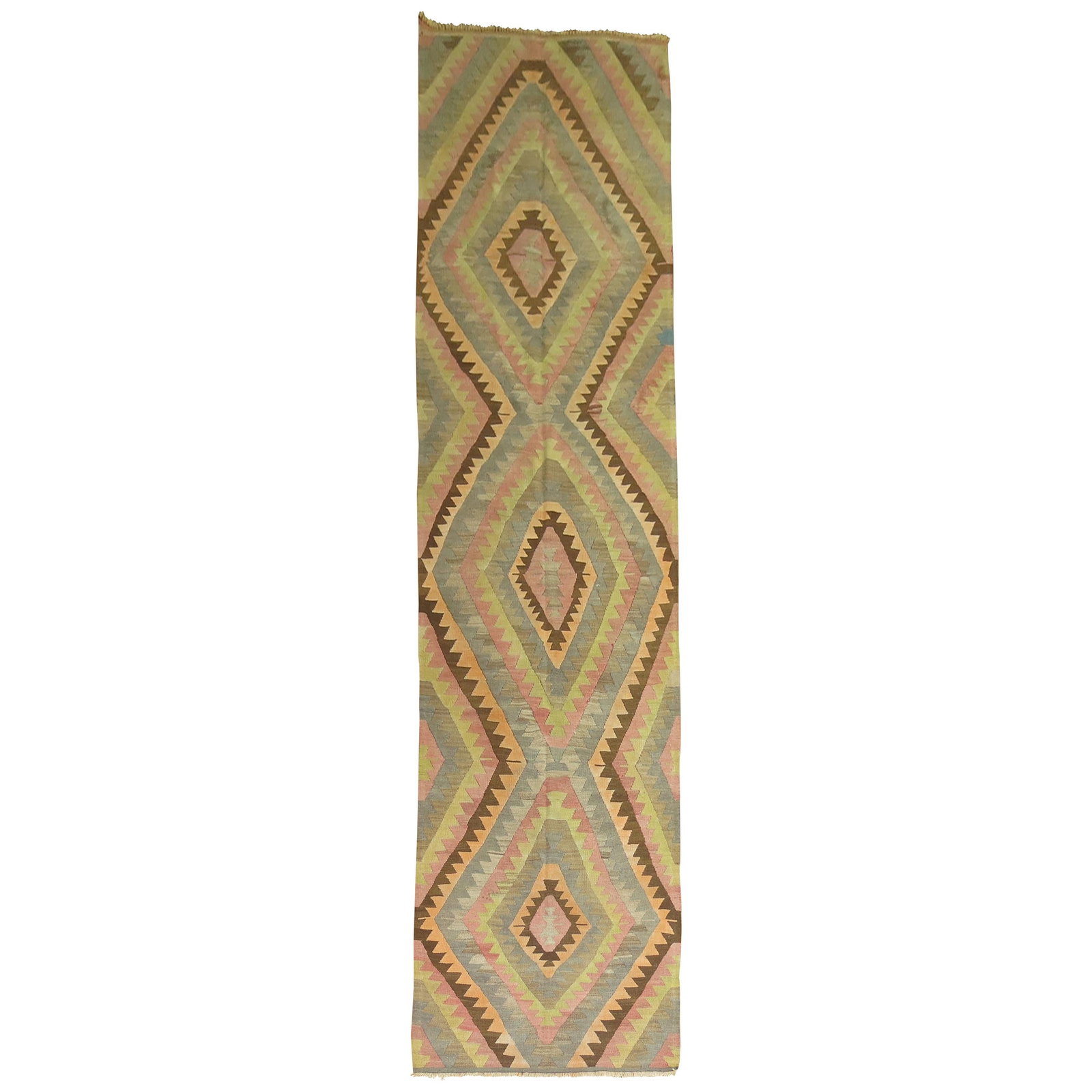 Mid-Century Modern Turkish Kilim Runner Wool Hand-Knotted 43x181 in: Mid-Century Modern Turkish Kilim Runner Wool Hand-Knotted 43x181 in Discover the exquisite craftsmanship of this wide vintage Turkish Kilim runner, perfect for adding a touch of mid-century modern sty