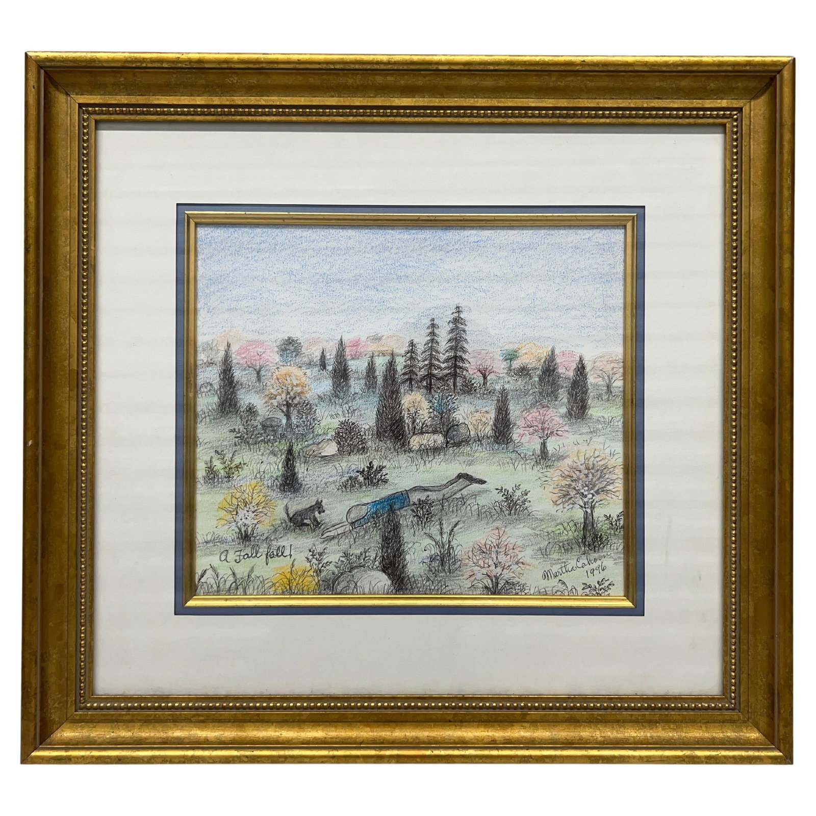 Martha Cahoon 1996 A Fall Fall Crayon Folk Art Painting: Martha Cahoon 1996 A Fall Fall Crayon Folk Art Painting "A Fall Fall" is a captivating crayon on paper painting by esteemed American folk artist Martha Cahoon, created circa 1996. This artwork beautif