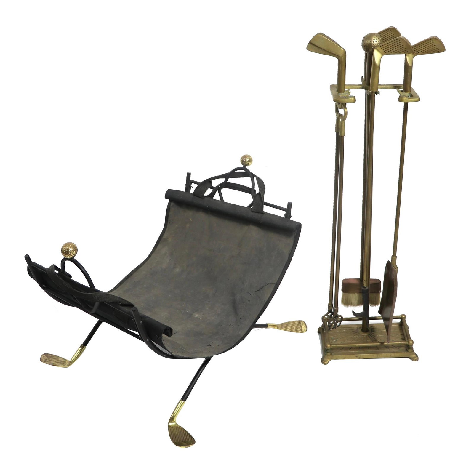 Mid Century Golf Theme Fireplace Tool Set with Log Basket: Mid Century Golf Theme Fireplace Tool Set with Log Basket This Mid Century golf-themed fireplace tool set adds a unique touch to your decor. It includes a five-piece tool set and a log basket, both in