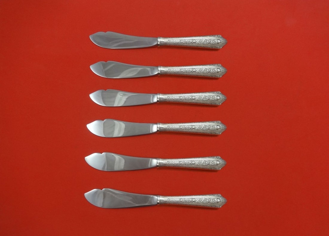 Wallace Normandie Sterling Silver Trout Knife Set 6pc Custom 7.5": Wallace Normandie Sterling Silver Trout Knife Set 6pc Custom 7.5" This exquisite 6-piece trout knife set, crafted in the elegant Normandie pattern by Wallace, features hollow handles made of sterling 