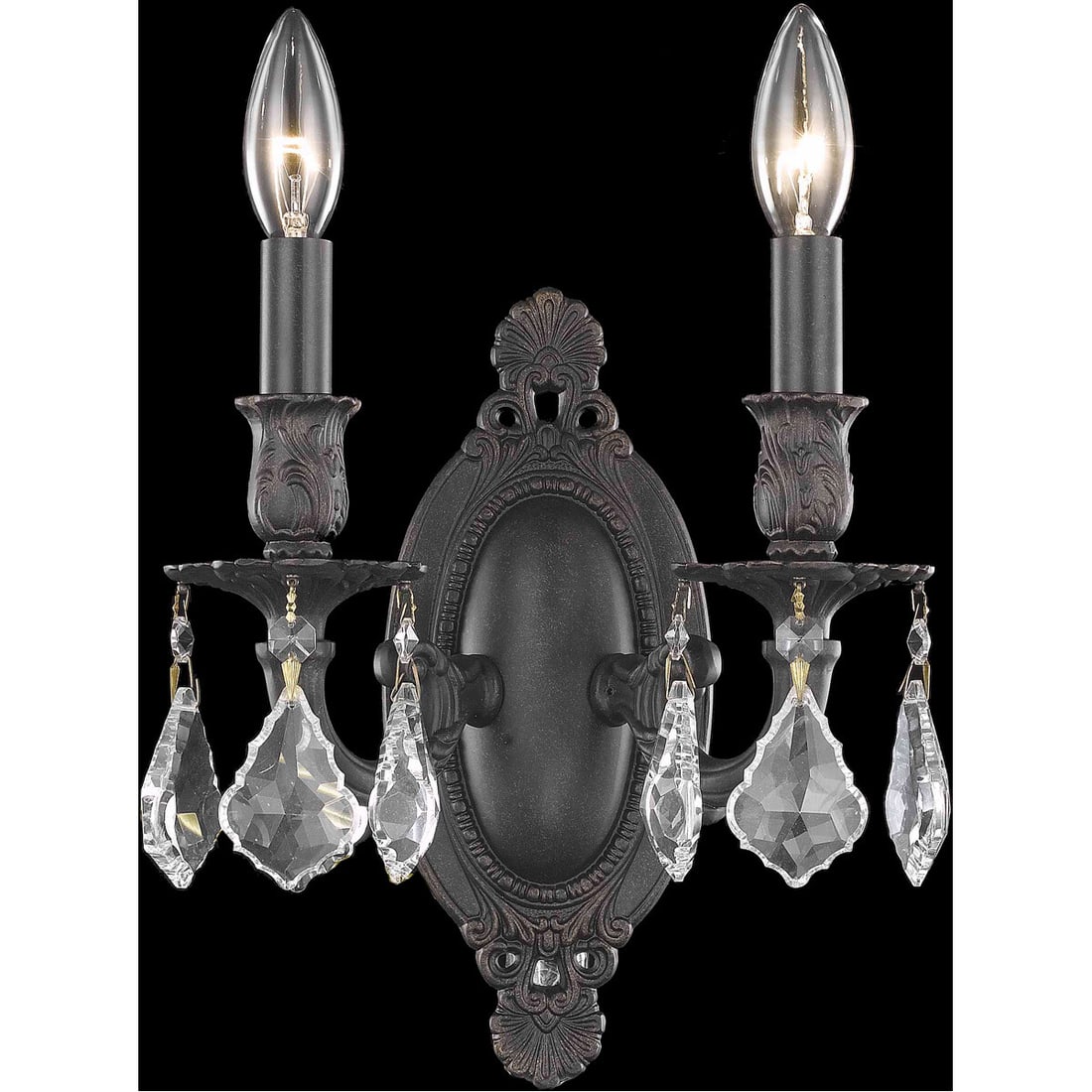 Rosalia 2 Light Dark Bronze Crystal Wall Sconce: Rosalia 2 Light Dark Bronze Crystal Wall Sconce This traditional-style wall sconce features a dark bronze frame paired with Royal Cut clear crystals, offering an elegant lighting solution for various 