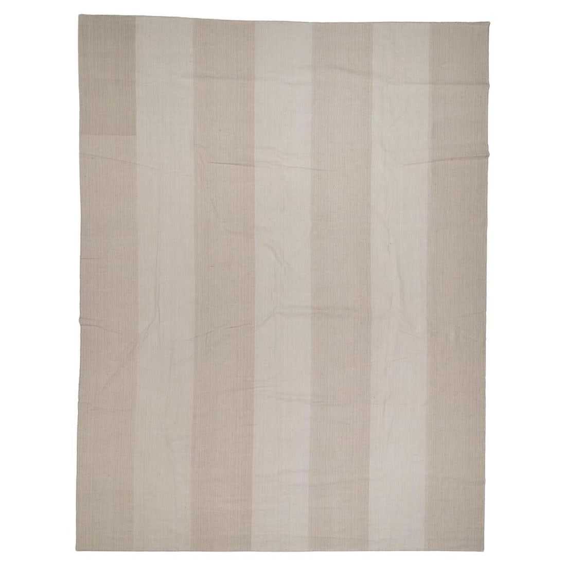 Turkey Minimalist Ivory Brown Kilim 10'3 x 13'4: Turkey Minimalist Ivory Brown Kilim 10'3 x 13'4 This room-size Turkish Kilim features a minimalist design in ivory and brown tones, crafted from recycled cotton, goat hair, and linen. Its vintage-insp