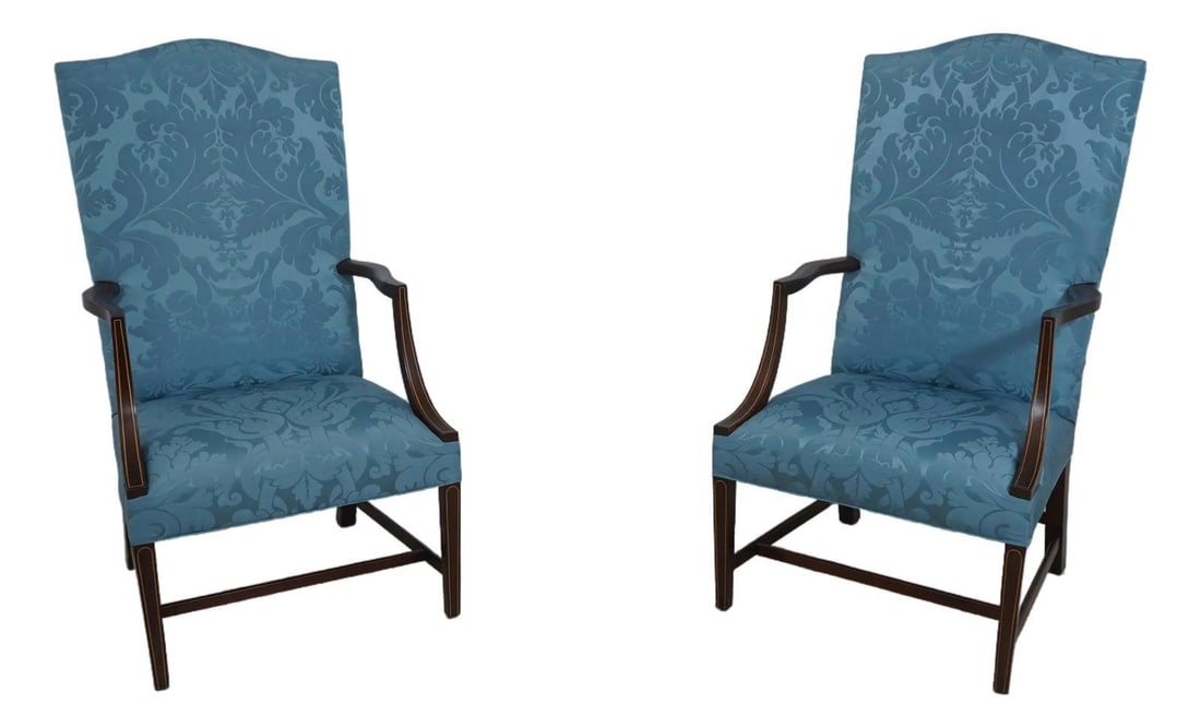 Stickley CW-13 Colonial Williamsburg Blue Damask Lolling Chairs Pair: Stickley CW-13 Colonial Williamsburg Blue Damask Lolling Chairs Pair This exquisite pair of Stickley CW-13 Colonial Williamsburg lolling chairs boasts a timeless Federal style, showcasing high-quality