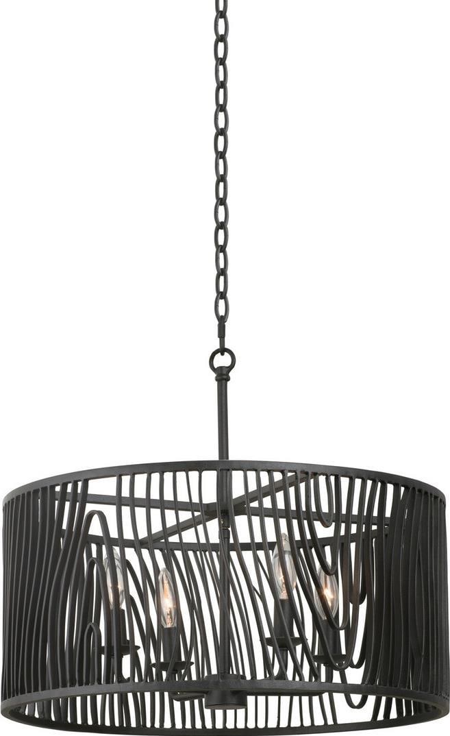Morre 21 Inch Black Iron Pendant Light by Kalco: Morre 21 Inch Black Iron Pendant Light by Kalco Enhance your home with the Morre 21" Black Pendant, a striking piece that embodies the charm of French Country style. Crafted from durable steel and fin