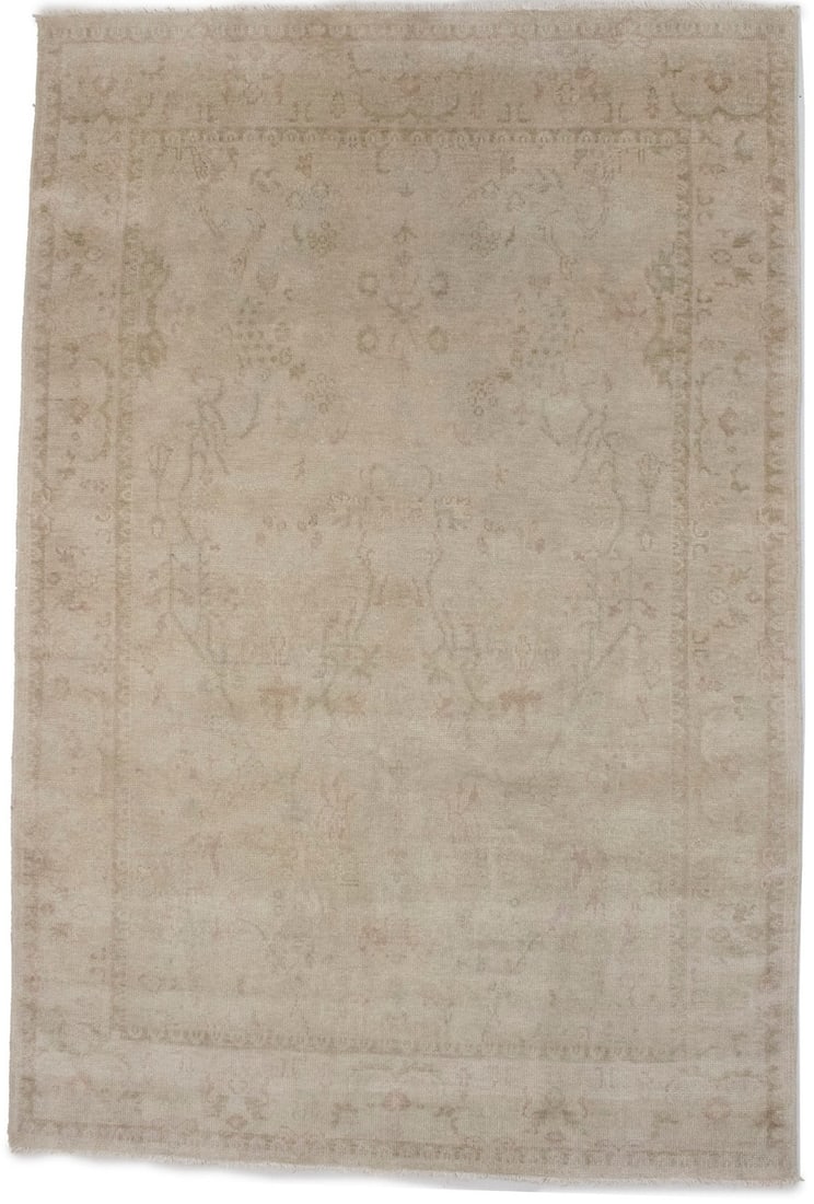 Hand-Knotted Wool Floral Transitional Area Rug 5'7 x 8'4 Beige Modern: Hand-Knotted Wool Floral Transitional Area Rug 5'7 x 8'4 Beige Modern This transitional area rug features a muted beige and tan floral pattern, hand-knotted from wool for a soft yet durable finish. Th