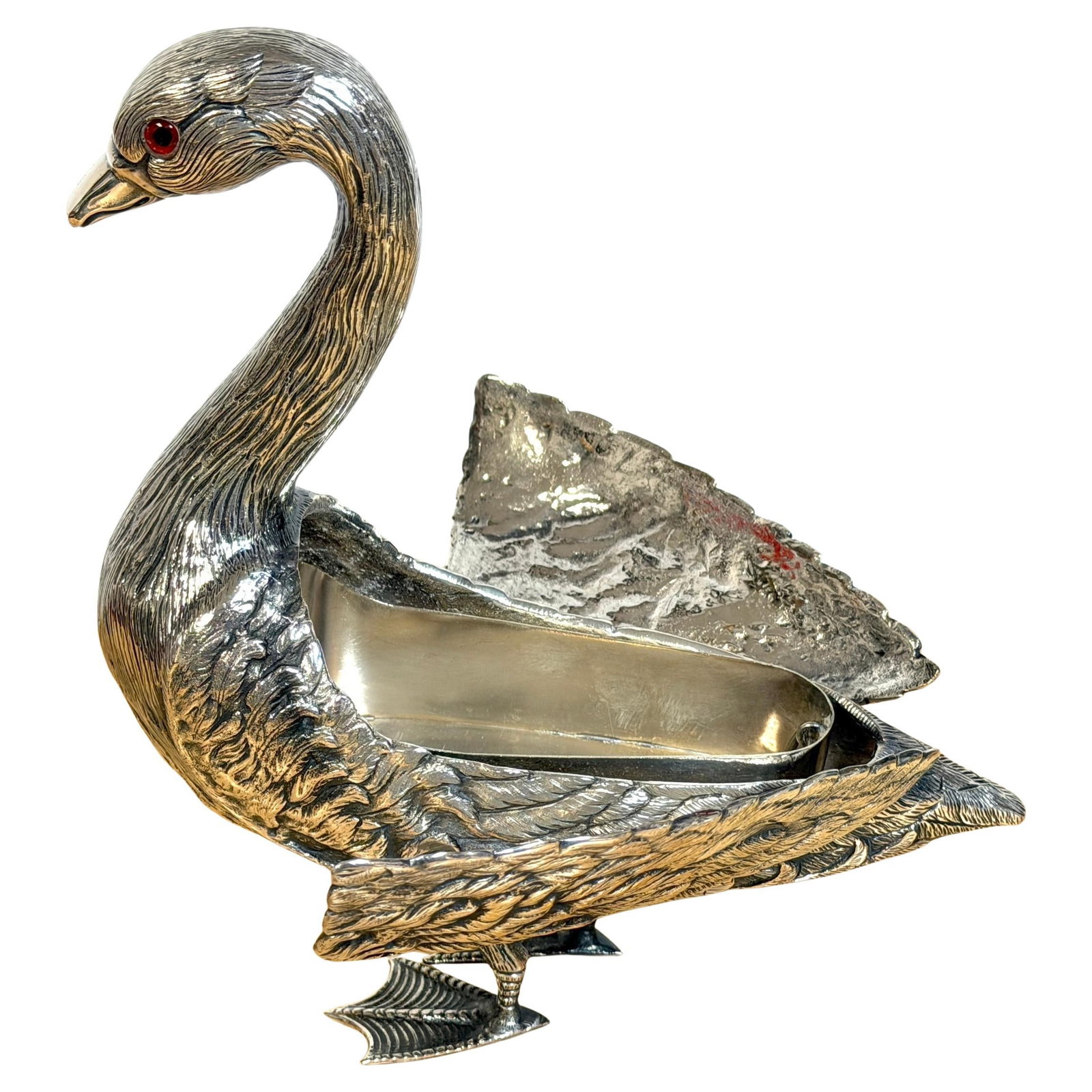 Set of 2 Silver-Plated Bronze Swan Bonbon Boxes With Removable Liner: Set of 2 Silver-Plated Bronze Swan Bonbon Boxes With Removable Liner This mid-20th-century Portuguese articulated swan box is crafted from cast bronze with a bright silver-plated finish. Finely modele