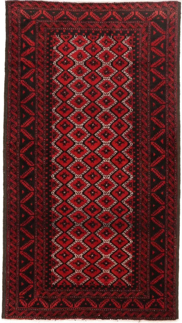 Hand-Knotted Wool Tribal Area Rug 6'0 x 3'4 Geometric Vintage Design: Hand-Knotted Wool Tribal Area Rug 6'0 x 3'4 Geometric Vintage Design This vintage hand-knotted area rug features a striking geometric tribal pattern in shades of red, cream, blue, brown, and purple-na