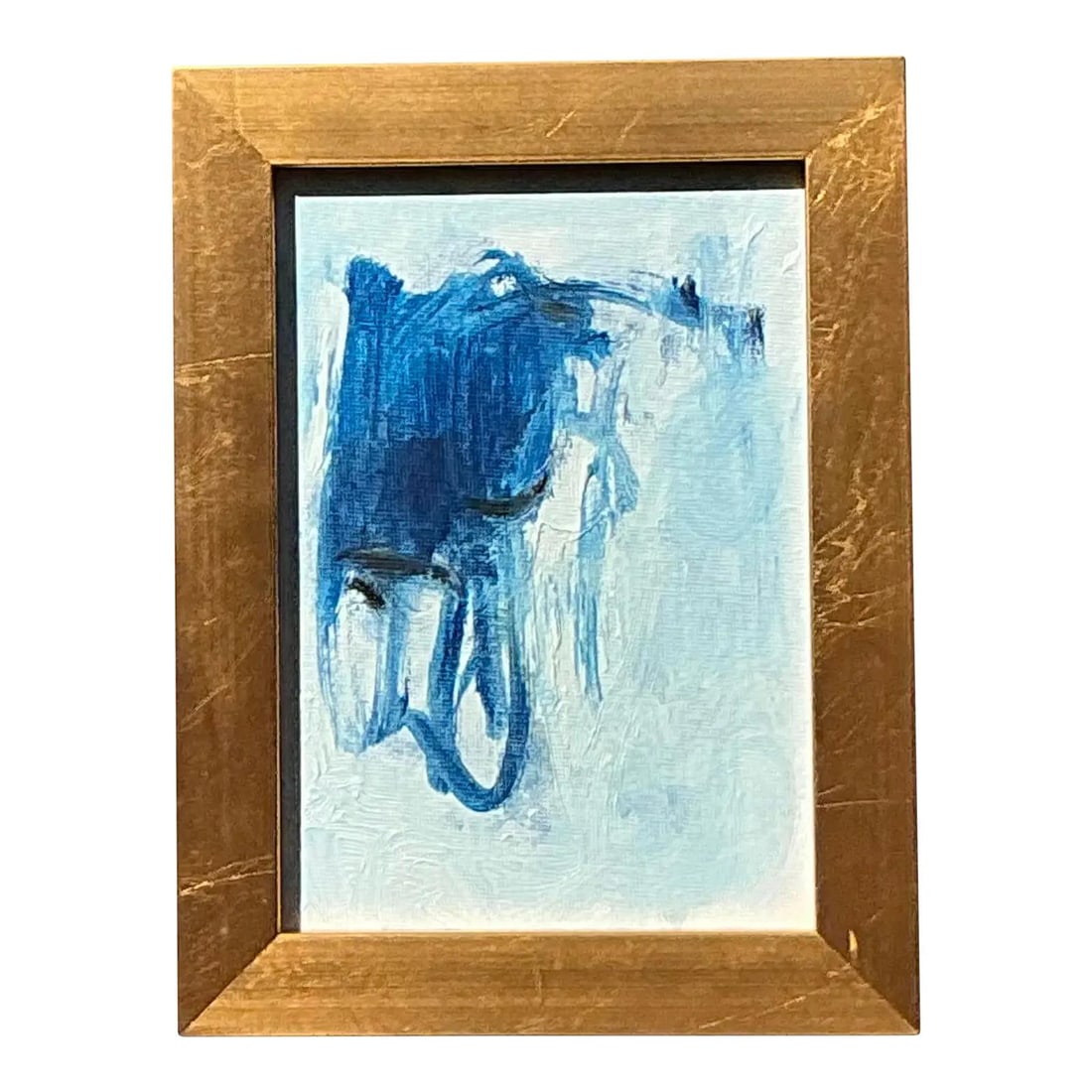 Framed Mid Century Abstract Oil Artwork With Blue Hues On Board: Framed Mid Century Abstract Oil Artwork With Blue Hues On Board This vintage original abstract oil painting on board features expressive strokes of deep cobalt and cerulean blue against a white backgr