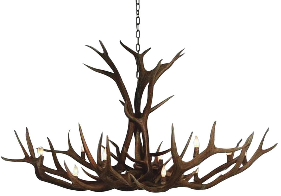 Genuine Elk Antler 12-Light Bowl Chandelier Lodge Style: Genuine Elk Antler 12-Light Bowl Chandelier Lodge Style Illuminate your space with this stunning 12-Light Elk Antler Chandelier, a masterpiece that combines natural beauty with functional design. Hand