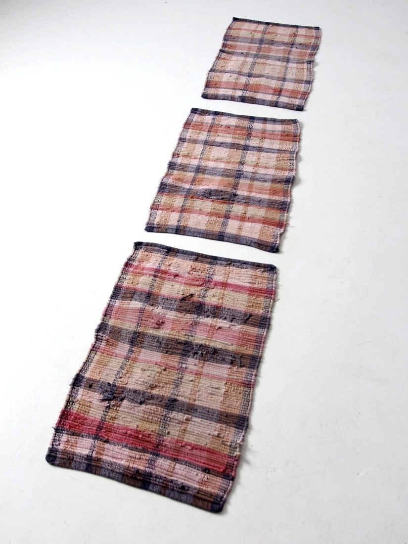Charming Vintage Cotton Rag Rugs Set of 3 with Plaid Design: Charming Vintage Cotton Rag Rugs Set of 3 with Plaid Design Enhance your decor with this charming set of three vintage cotton accent rugs. Featuring a delightful pink and blue plaid pattern with blue 