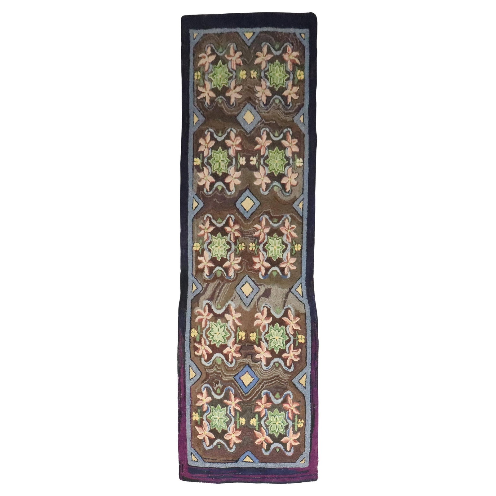 Mid-20th Century American Floral Jute Hooked Runner Rug 3' 3" x 10' 7": Mid-20th Century American Floral Jute Hooked Runner Rug 3' 3" x 10' 7" This mid-20th century American hooked runner features a floral motif, crafted from jute using hand-knotted techniques. Its countr