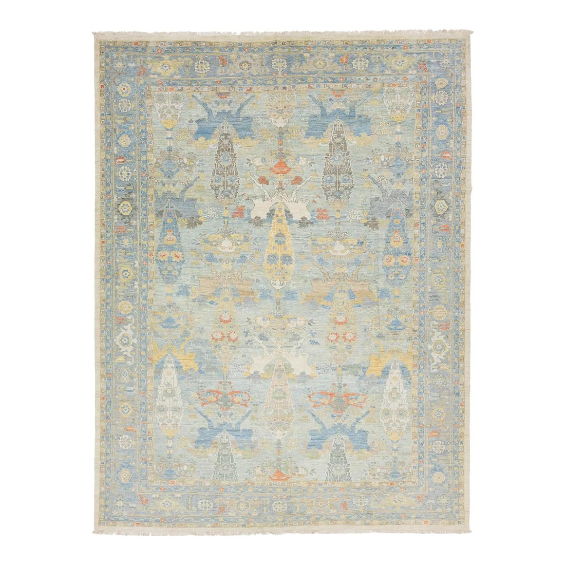 11'11 x 15'8 Hand-Knotted Wool Sultanabad Rug in Sky Blue and Gold: 11'11 x 15'8 Hand-Knotted Wool Sultanabad Rug in Sky Blue and Gold This Modern Sultanabad rug is hand-knotted from high-luster wool and showcases a serene sky blue field with an all-over pattern of ov