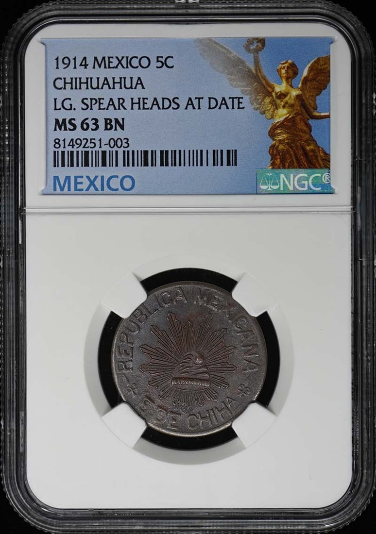 1914 Mexico Chihuahua KM-613 5C Coin NGC MS63BN Uncirculated: 1914 Mexico Chihuahua KM-613 5C Coin NGC MS63BN Uncirculated This 1914 Mexico Chihuahua 5 Centavos coin is in uncirculated condition, certified by NGC with a grade of MS63. It is a remarkable piece fo