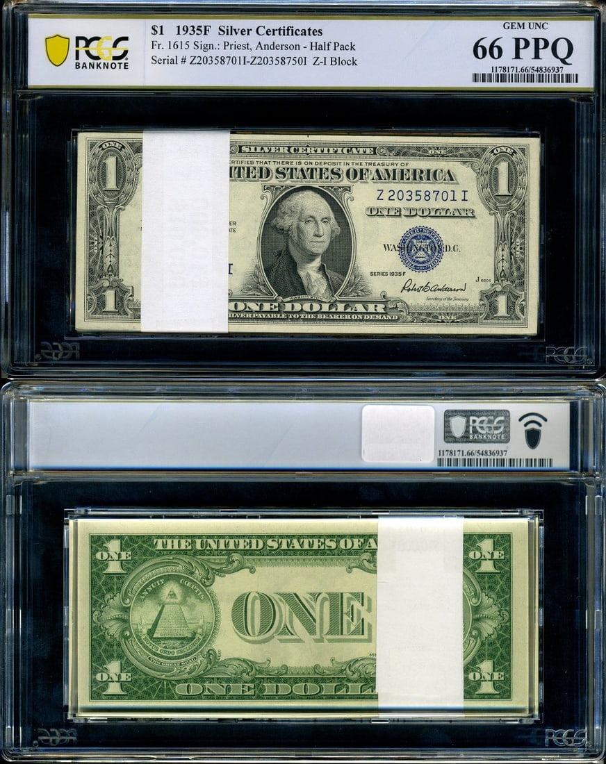 50pc 1935-F $1 Silver Certificates PCGS Gem CU66 Z-I Block (1 of 3)