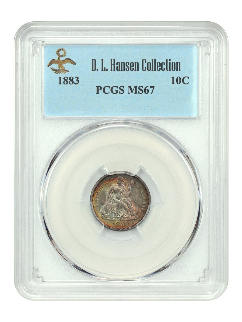 1883 Liberty Seated Dime 10C PCGS MS67 Rainbow Toned: 1883 Liberty Seated Dime 10C PCGS MS67 Rainbow Toned This stunning 1883 Liberty Seated Dime, graded MS67 by PCGS, is a prime example of uncirculated quality. With a generous mintage of over 7.6 millio