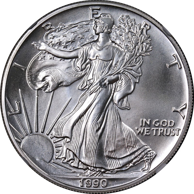 1990 Silver American Eagle $1 NGC MS68 Error Struck Thru: 1990 Silver American Eagle $1 NGC MS68 Error Struck Thru This 1990 Silver American Eagle $1 coin is certified by NGC with a remarkable grade of MS68, reflecting its uncirculated condition and superior
