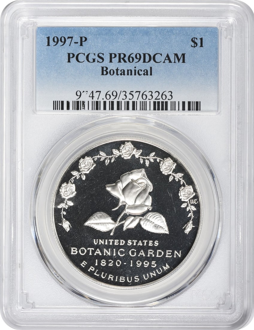 PCGS PR69DCAM Botanical Silver Dollar 1997 P: PCGS PR69DCAM Botanical Silver Dollar 1997 P This is a 1997-P Botanical Silver Commemorative Dollar, issued by the United States to celebrate botanical gardens. The coin is composed of silver and feat