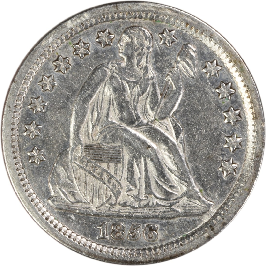 1856 Small Date Seated Liberty Dime 90 Percent Silver AU Uncertified: 1856 Small Date Seated Liberty Dime 90 Percent Silver AU Uncertified This is an 1856 Liberty Seated Silver Dime featuring the Small Date variety. Struck at the Philadelphia Mint, the coin is composed 