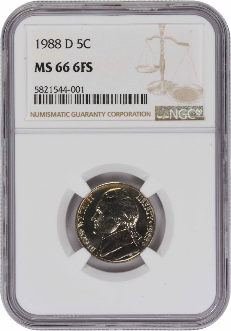 NGC MS66 1988 Denver Jefferson Nickel 6 Full Steps: NGC MS66 1988 Denver Jefferson Nickel 6 Full Steps This is a 1988-D Jefferson Nickel certified by NGC with a grade of MS66 and featuring 6 Full Steps. The coin is uncirculated and was minted in Denver