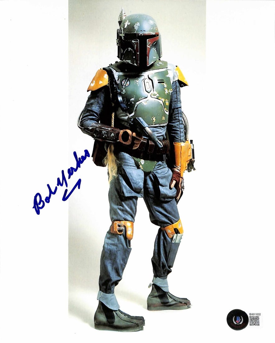 8x10 Photo Signed by Bob Yerkes as Boba Fett Beckett Authenticated: 8x10 Photo Signed by Bob Yerkes as Boba Fett Beckett Authenticated This is an 8x10 photograph signed by stuntman Bob Yerkes, who portrayed the flying Boba Fett in the Sail Barge scene from Star Wars: 