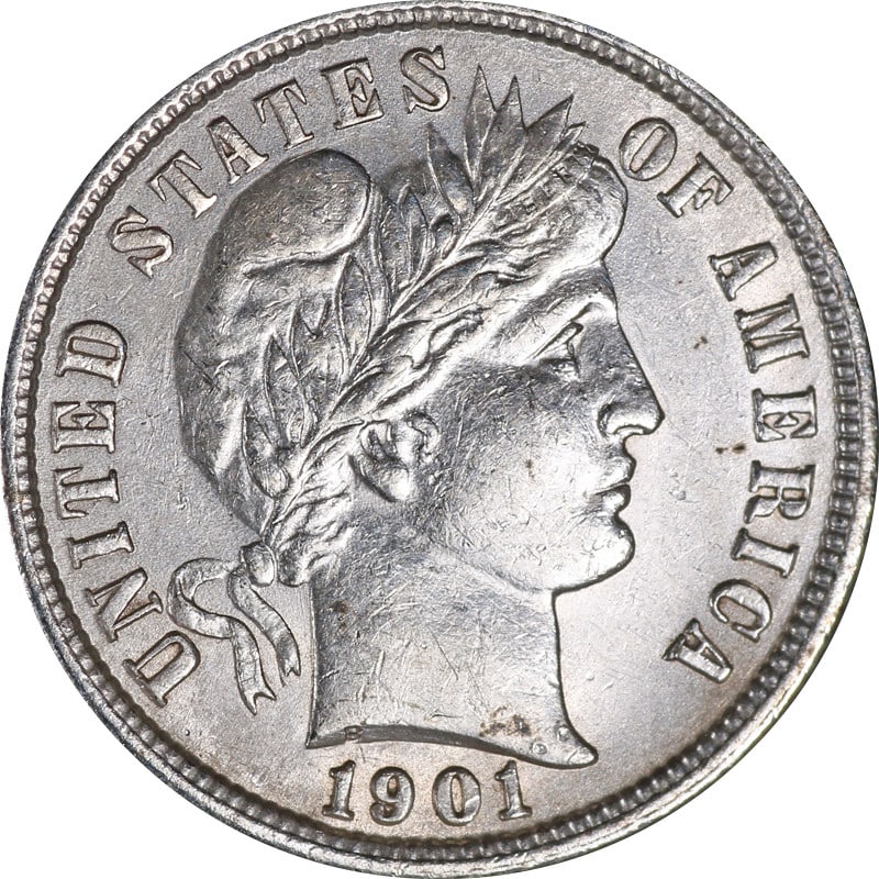 1901 Philadelphia Mint Silver Barber Dime United States Circulated Coin: 1901 Philadelphia Mint Silver Barber Dime United States Circulated Coin This is a 1901-P Barber Dime from the United States, minted in Philadelphia. The coin is composed of silver and is in