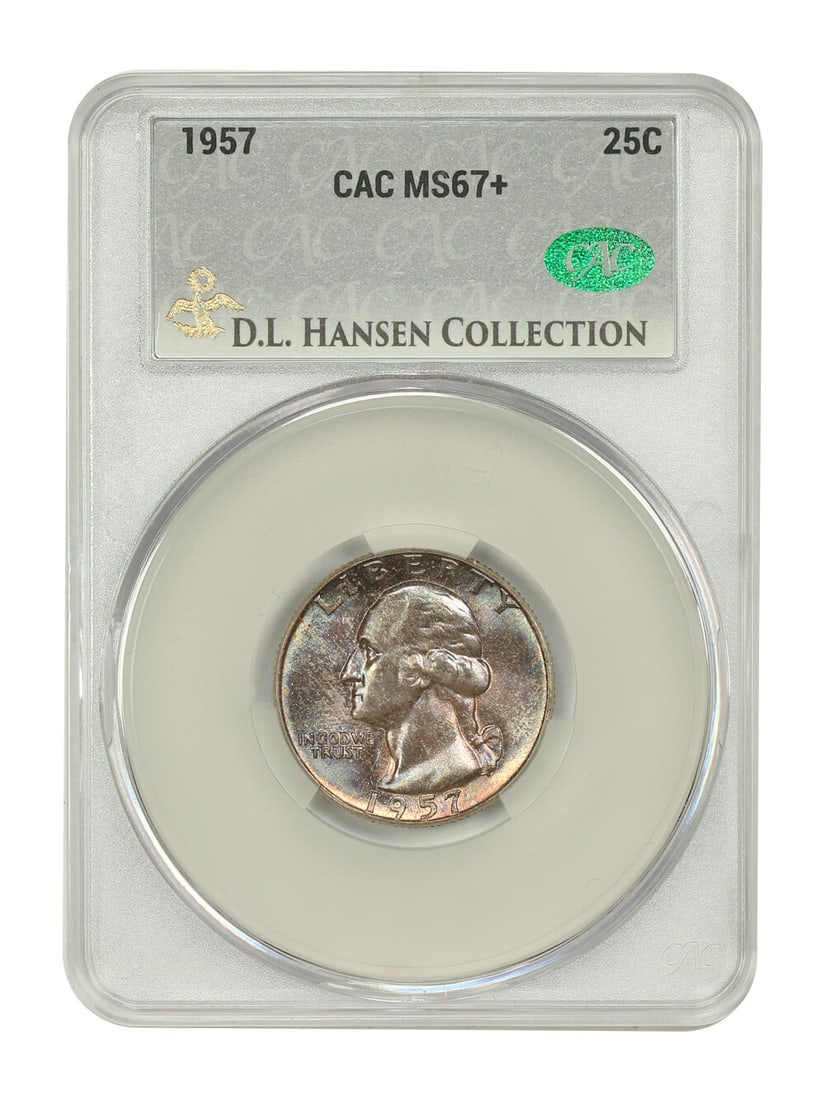 1957 Washington Quarter CACG MS67+ Ex D.L. Hansen Rare Colorful Tones: 1957 Washington Quarter CACG MS67+ Ex D.L. Hansen Rare Colorful Tones This 1957 Washington Quarter, certified by CACG with certification number 133663475, is an uncirculated example graded MS67+. With