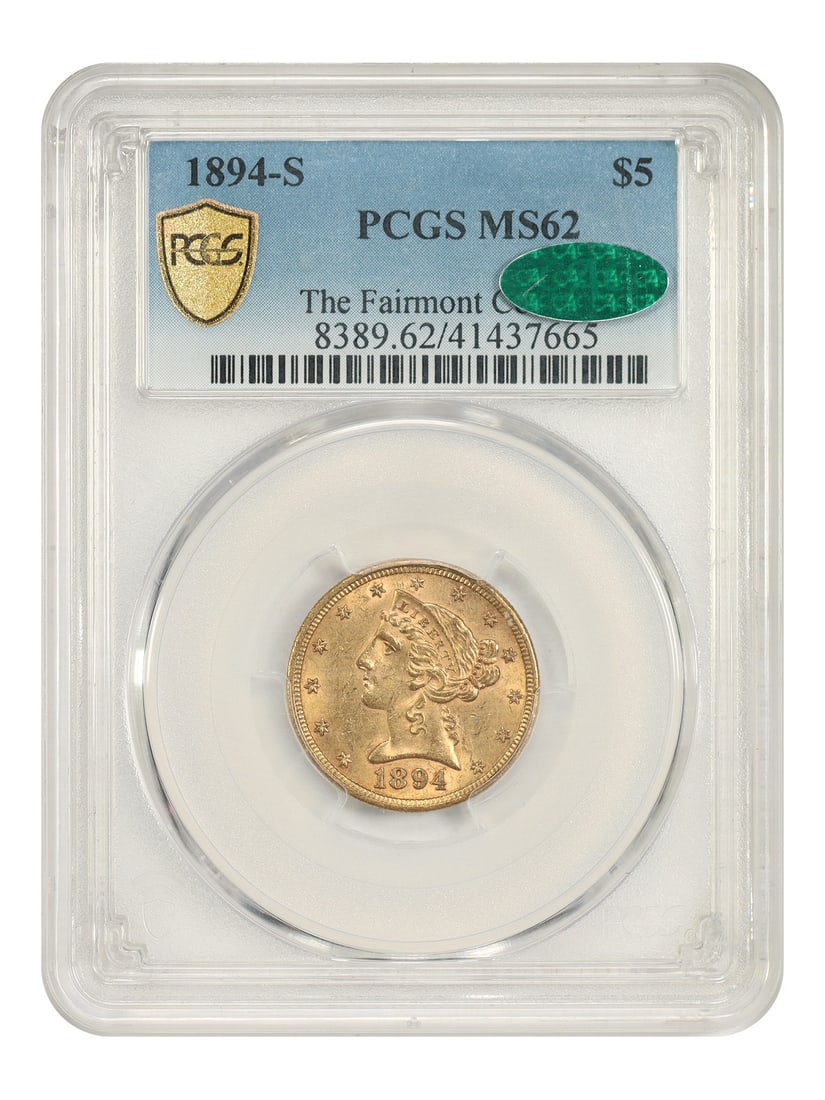1894-S Liberty Head $5 PCGS CAC MS62 San Francisco Gold Coin: 1894-S Liberty Head $5 PCGS CAC MS62 San Francisco Gold Coin This 1894-S Liberty Head $5 gold coin is graded MS62 by PCGS and certified by CAC. Struck at the San Francisco Mint, it originates from a l