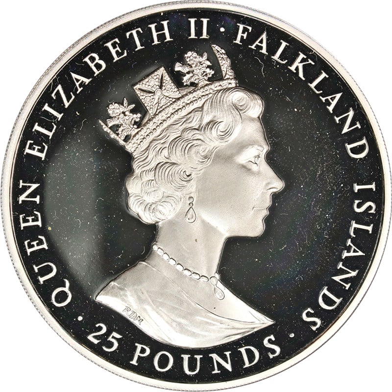 1985 Falkland Islands Silver 25 Pounds Commemorative Coin .925: 1985 Falkland Islands Silver 25 Pounds Commemorative Coin .925 This 1985 Falkland Islands Silver 25 Pounds coin commemorates 100 Years of Self Sufficiency. Crafted from .925 silver, this coin displays