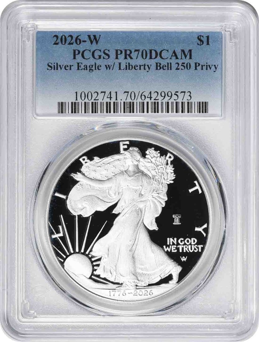 2026 W PCGS PR70DCAM American Silver Eagle Liberty Bell 250 Privy: 2026 W PCGS PR70DCAM American Silver Eagle Liberty Bell 250 Privy This 2026-W $1 American Silver Eagle features the Liberty Bell 250 privy mark and is struck in proof quality by the U.S. Mint. Compose