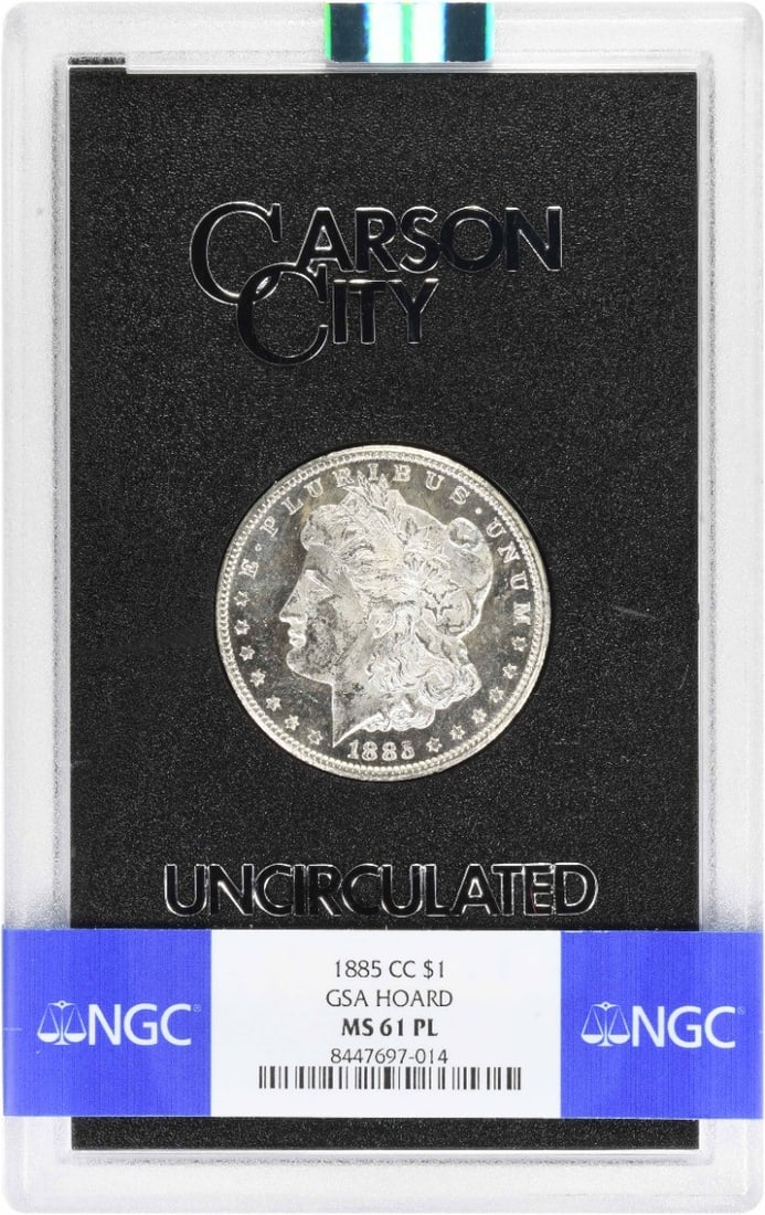 NGC GSA Holder 1885 CC Morgan Dollar MS61PL: NGC GSA Holder 1885 CC Morgan Dollar MS61PL This 1885-CC Morgan Silver Dollar is graded MS61PL by NGC and comes in a GSA holder. Struck at the Carson City Mint, this uncirculated coin is composed of 9