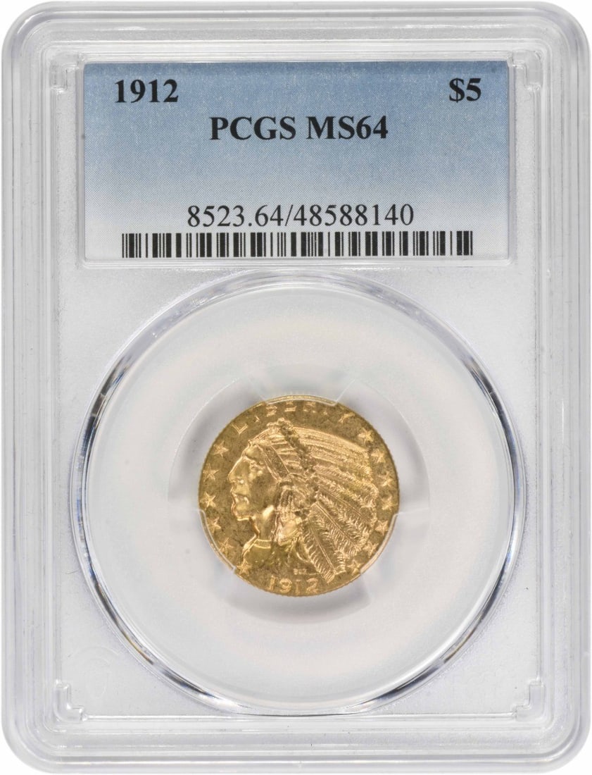 PCGS MS64 1912 Indian Head $5 Gold Coin: PCGS MS64 1912 Indian Head $5 Gold Coin This 1912 $5 Gold Indian coin is graded MS64 by PCGS, indicating a high-quality uncirculated specimen. Struck at the Philadelphia Mint, it features a design by 