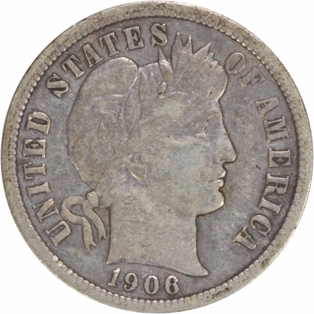 1906-O Barber Silver Dime 10C VF Uncertified Coin: 1906-O Barber Silver Dime 10C VF Uncertified Coin This 1906-O Barber Silver Dime is a classic piece of American numismatic history. Minted in New Orleans, this coin features a grade of Very Fine (VF) 