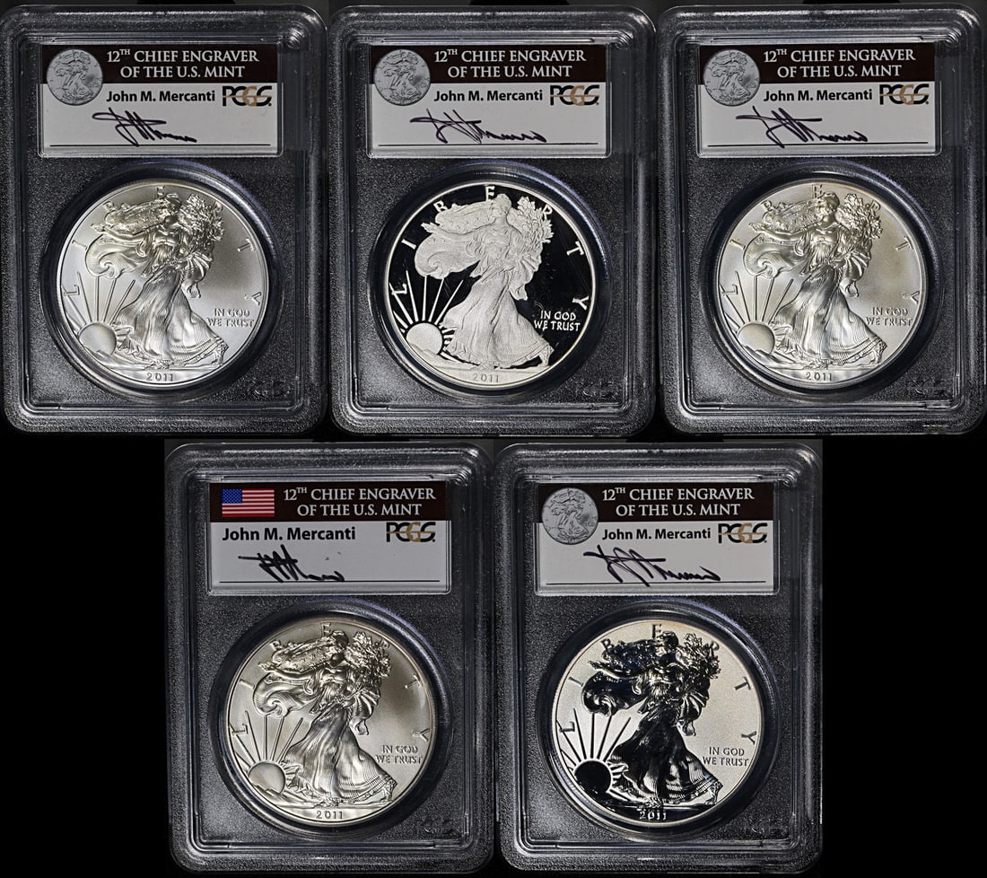 Set of 5 2011 Silver American Eagle Coins PCGS MS70 Mercanti Signed: Set of 5 2011 Silver American Eagle Coins PCGS MS70 Mercanti Signed This is a 2011 Silver American Eagle $1 five-coin set, each coin featuring a fineness of 0.999 silver and minted at the P, S, and W 